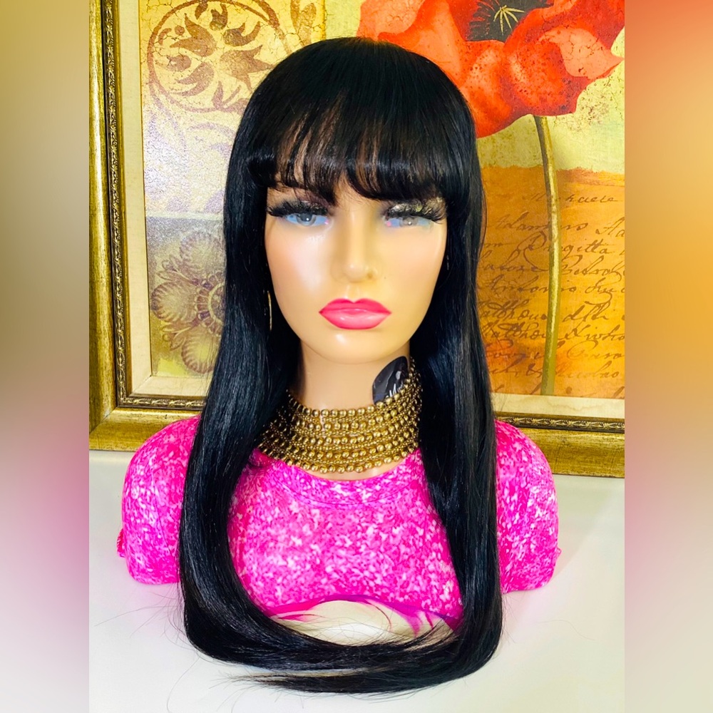 Glueless Natural NO LACE 100% Human Hair Machine Made Bang Wig in Shade Brown.